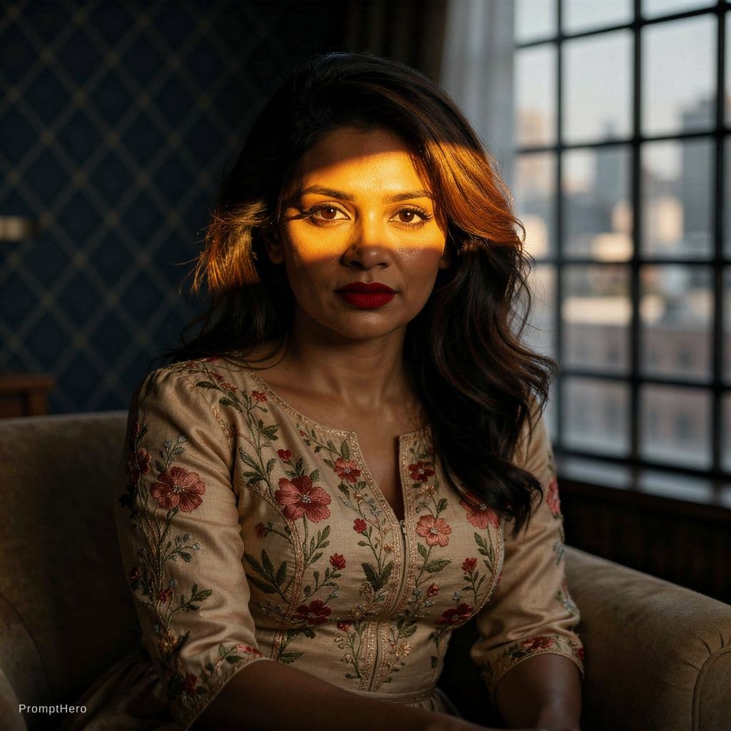 AI generated: A cinematic photorealistic boudoir portrait of a beautiful Asian woman kneeling on a bed. She is wea...