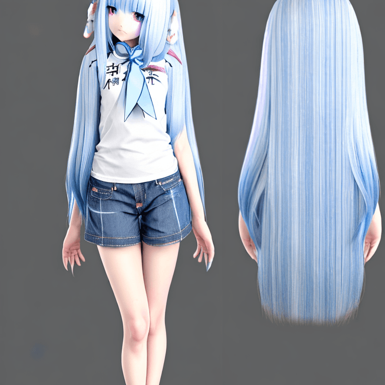 AI generated: anatomically correct, full body t-pose view of anime style wolf girl with Chambray blue and white ha...