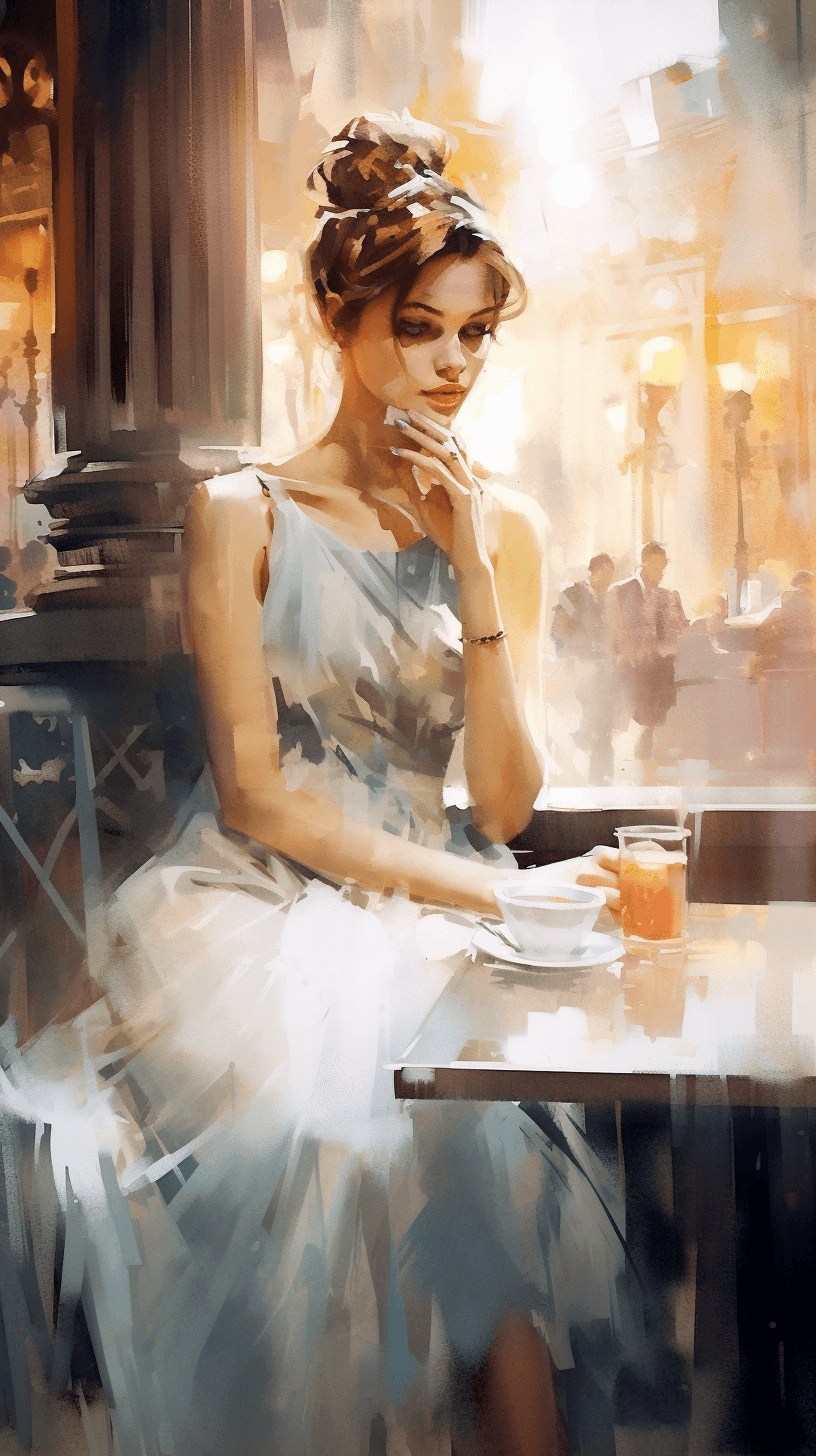 AI generated: a stunningly beautiful young woman sitting in a Parisian street café, portrait by Willem Haenraets, ...
