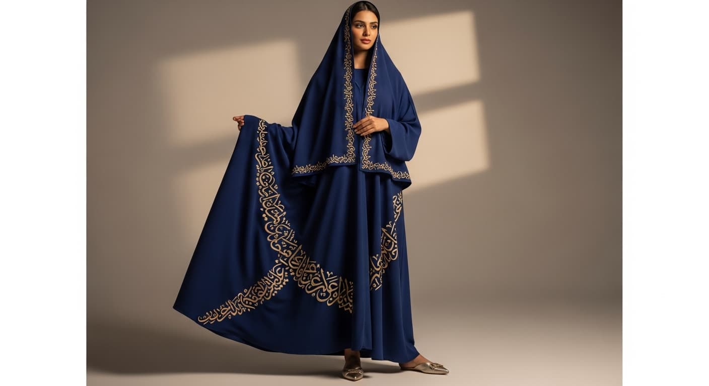AI generated: Beautiful arab woman, full body showing, wearing abaya and scarf decorated with arabic letters and w...