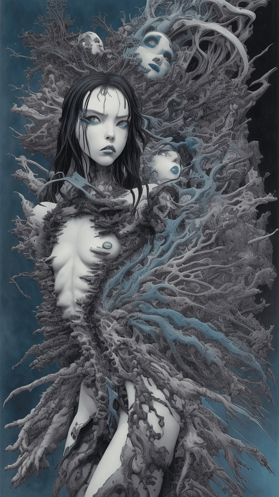 AI generated: complex layered cartoon by sagisawa fumika and by Gerald Brom, complex horizon , complex nvinkpunk b...