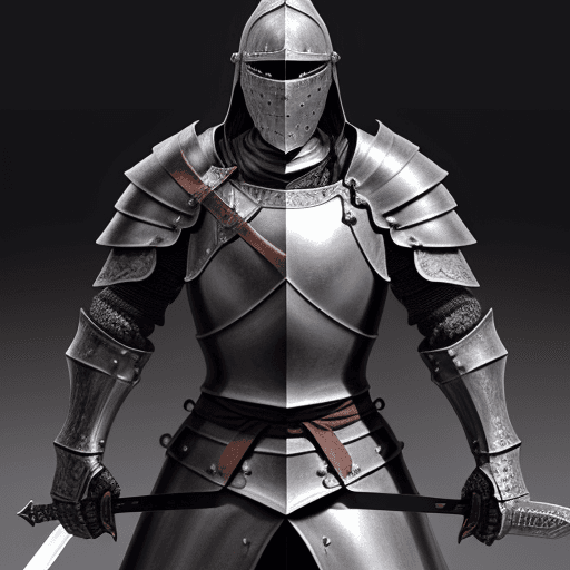 AI generated: a digital art drawing of a medieval knight wielding a one handed sword in front of him, black detail...
