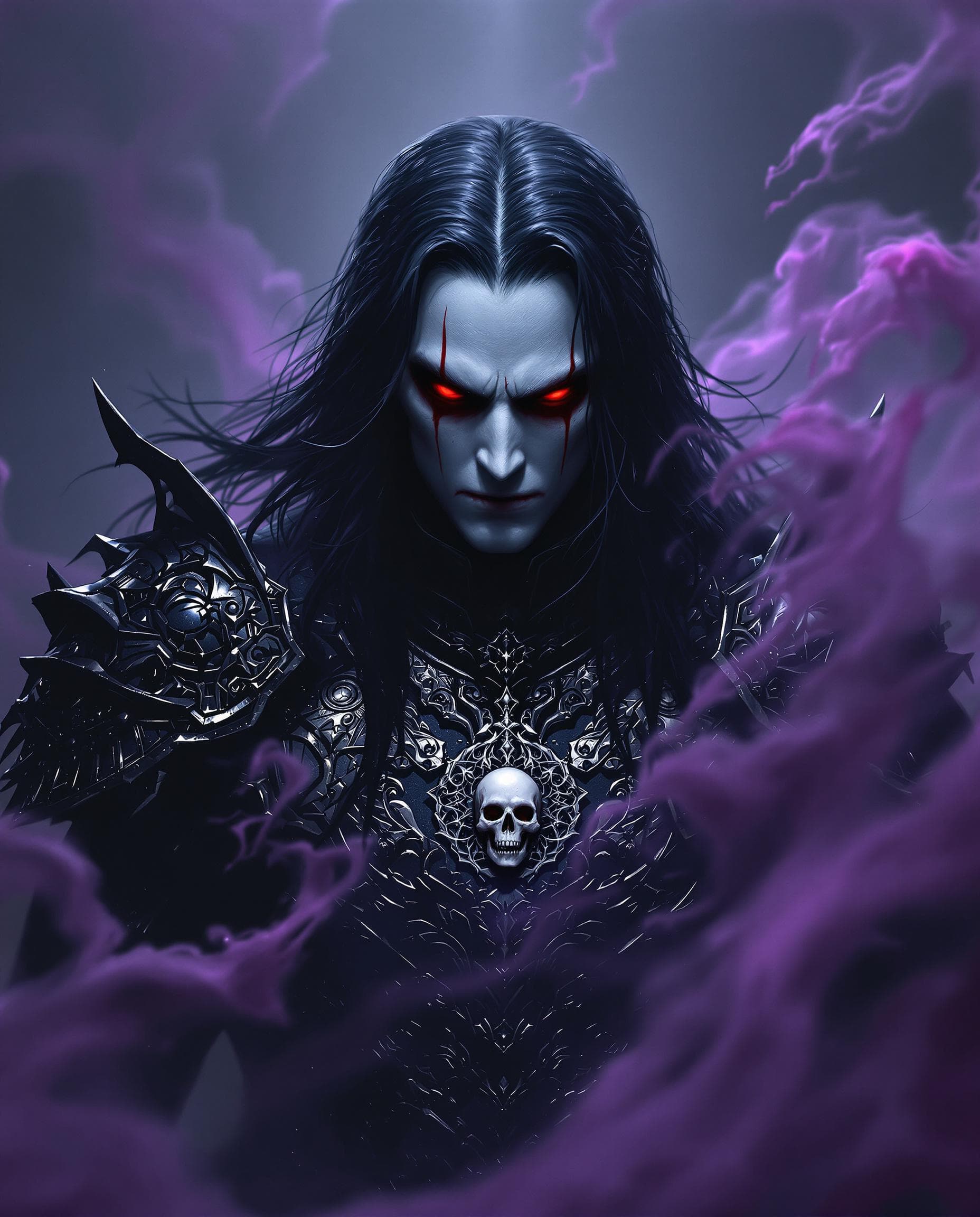 AI generated: A menacing figure emerges from deep shadows, exuding an aura of dark power and intensity. With long,...