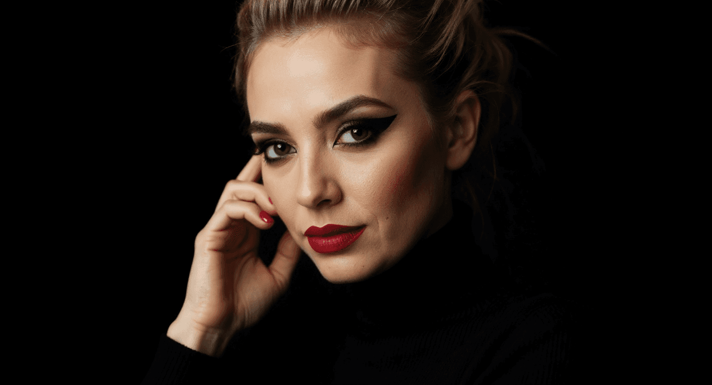 AI generated: A cinematic close-up portrait of a striking woman in a sleek black turtleneck, her face softly illum...