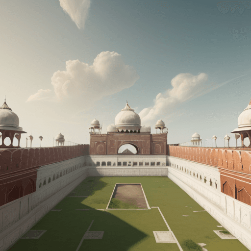 AI generated: saffron, white and green clouds in sequence from left to right, above The Red Fort, daylight, unreal...