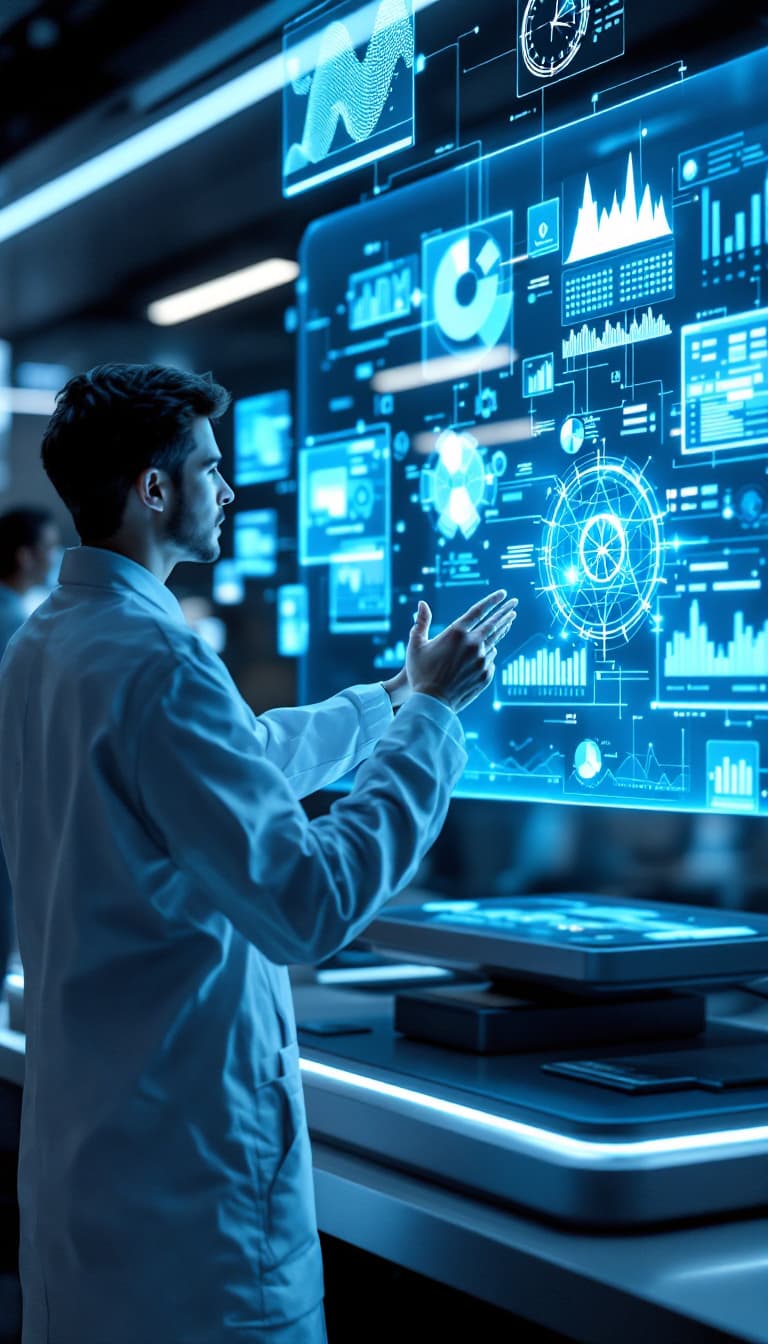 AI generated: In a futuristic lab, a scientist activates a holographic display. Floating 3D images of complex data...