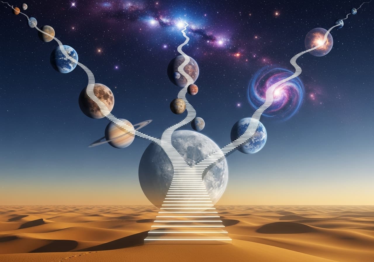 AI generated: a stairway has been built starting in the desert of Arabia and has risen far beyond the clouds into ...