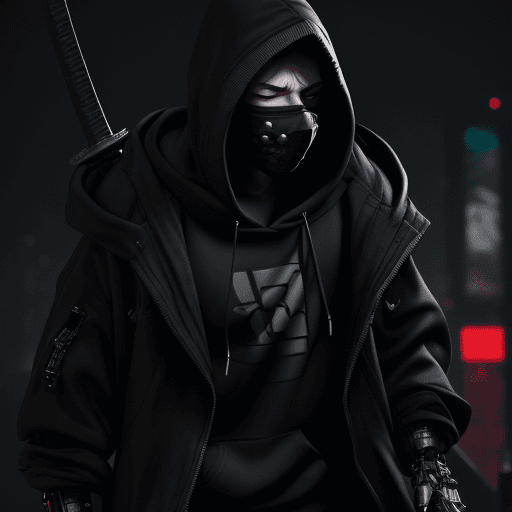 AI generated: A guy with a black whole face mask wearing an oversized black hoodie coat, with mechanical elements ...