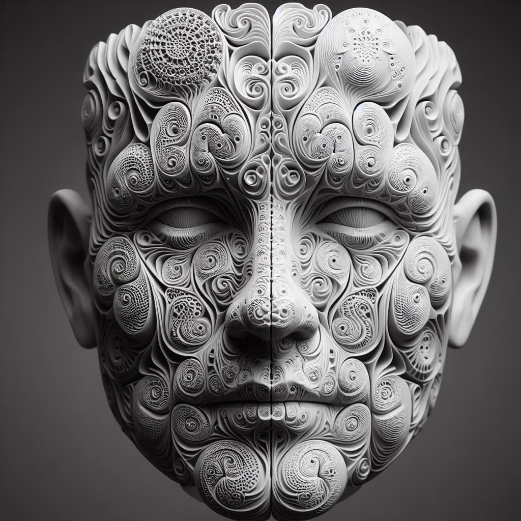 AI generated: Sculpt a face where the emotions are expressed through intricate fractal patterns. Each emotion, suc...