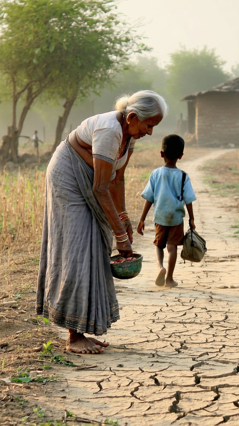AI generated: An elderly Indian woman in a worn cotton sari bending over while working in a dry field. In the back...
