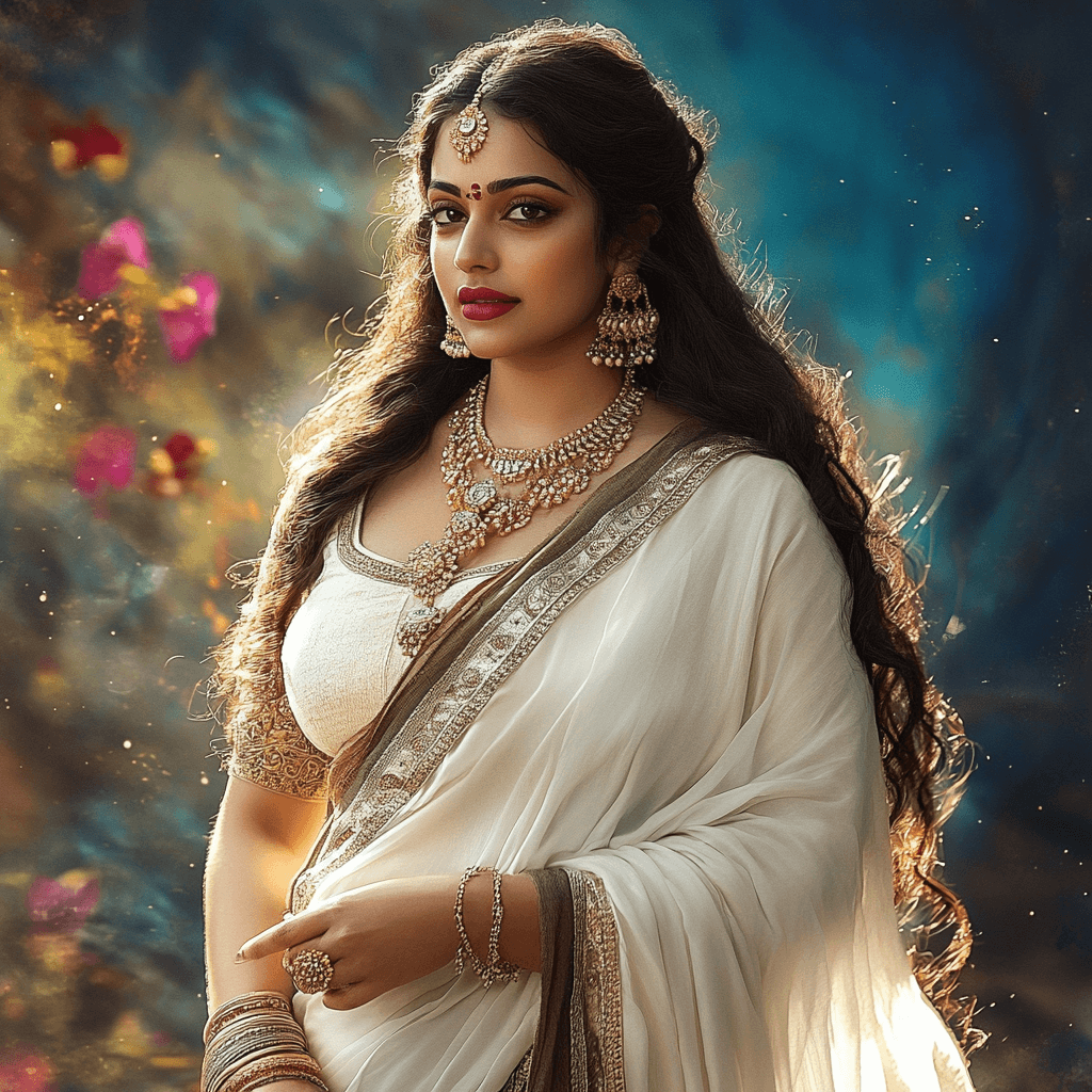 AI generated: A beautiful Hindu celestial woman in white saree, wearing ethinc ornaments and loose hair and vibran...