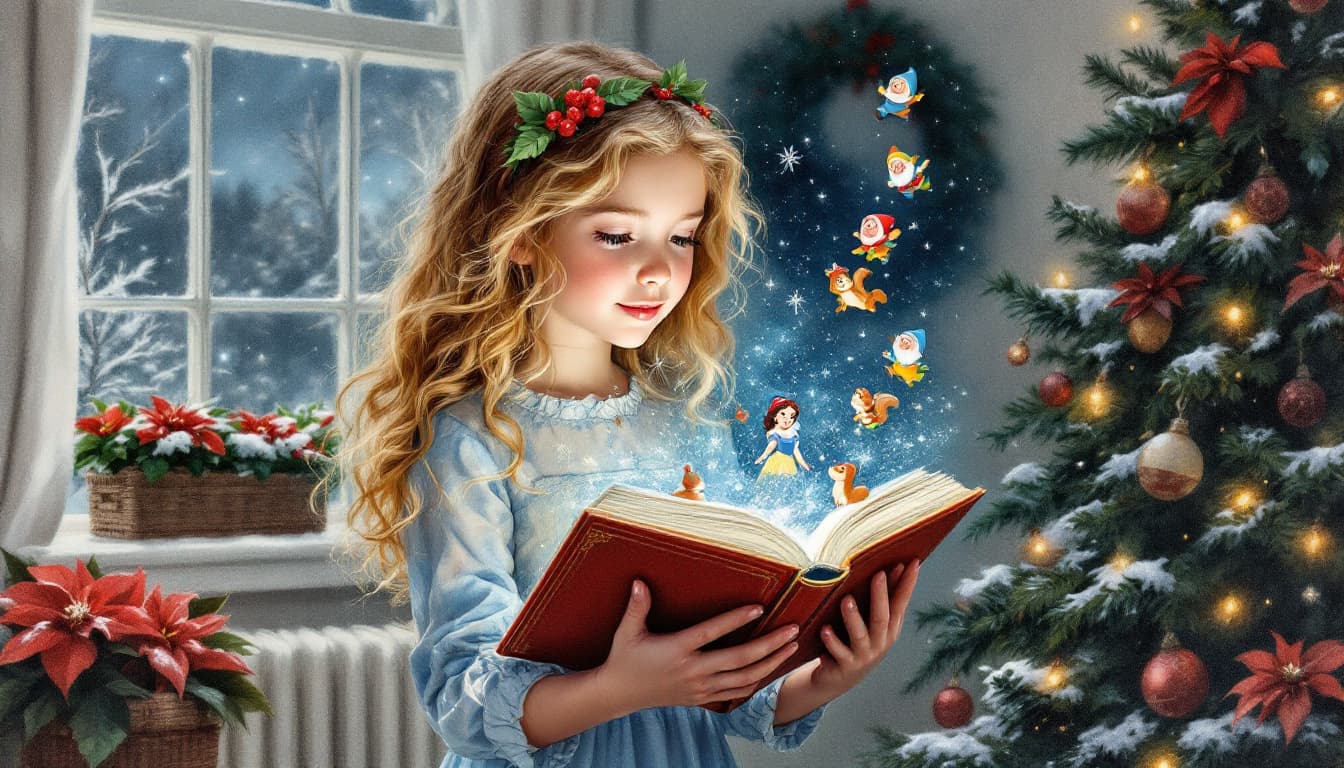 AI generated: Charcoal and pastel drawing. A 10-year-old girl with blond curls. She is wearing a Christmas dress a...