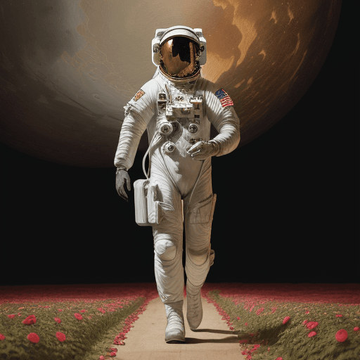 AI generated: an astronaut wearing a helmet painted, Walking on blooming roses, full body, militaristic realism, h...