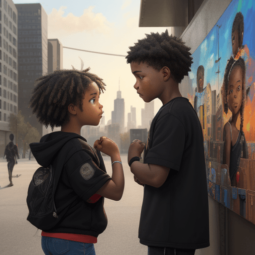 AI generated: Create an oil painting of an urban scene focusing on a child with hopeful eyes gazing at a “Black Li...