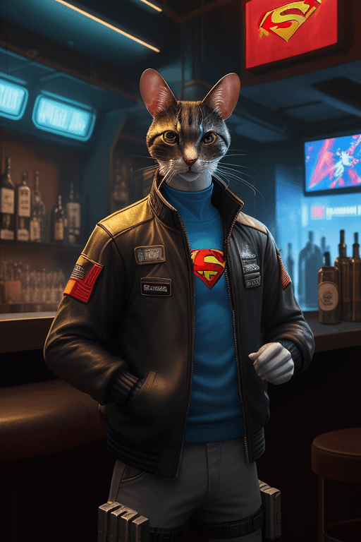 AI generated: A mouse is smoking in a bar, hyperrealistic futuristic soldier cat wearing cyberpunk superman jacket...