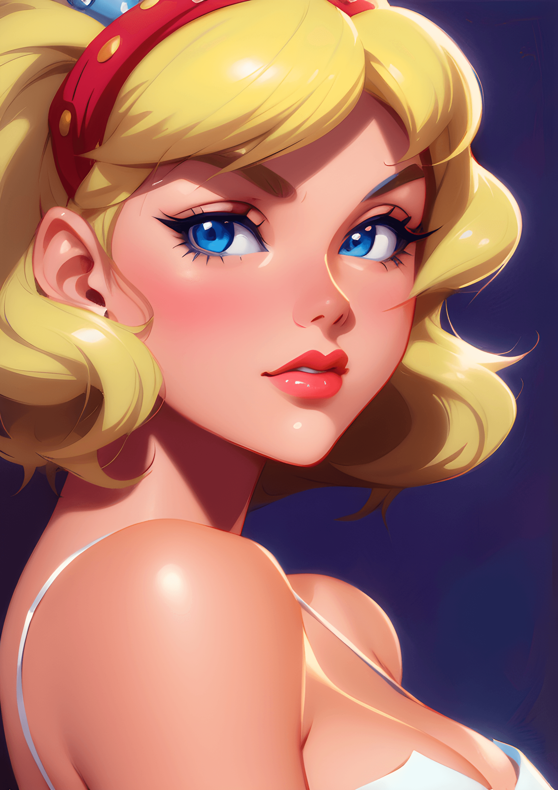 AI generated: a painting of a woman with blonde hair and blue eyes, an airbrush painting, by Yoshihiko Wada, pop a...