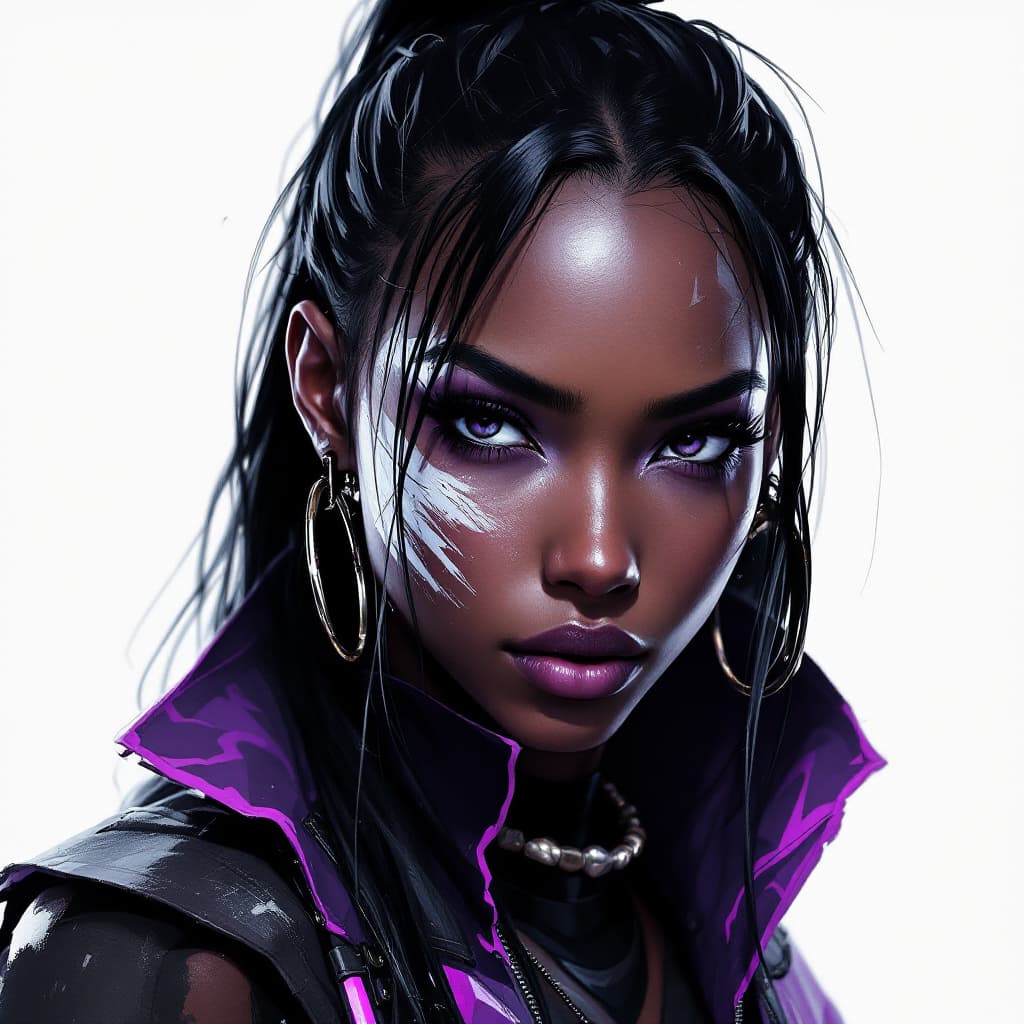 AI generated: akali from league of legends, in the style of cyberpunk, dark white and light violet, precise brushw...