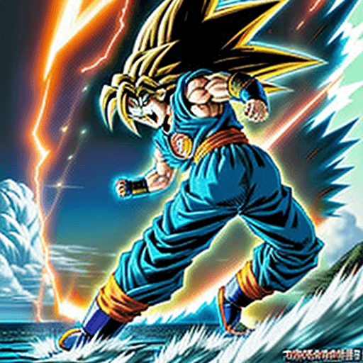 AI generated: Toriyama Akira's comic IP Super Saiyan Vegito, charging Ki, on the the sea