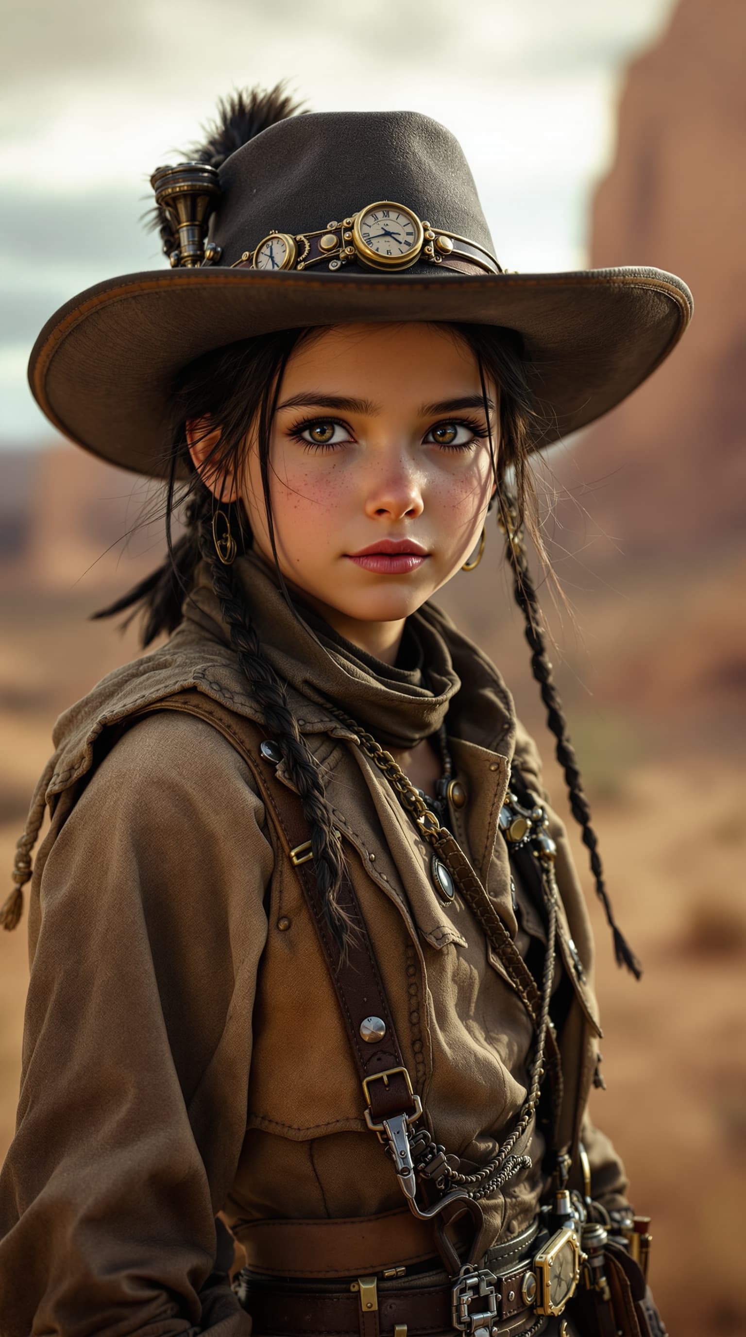 AI generated: A hyper-realistic depiction of a twelve year old Jenna Ortega playing the role of a steampunk high p...