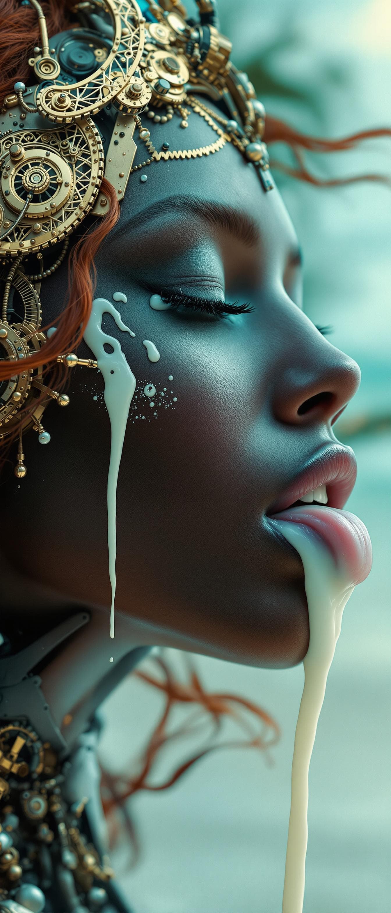 AI generated: High resolution photography  Side profile of a beautiful Redheaded, Brazilian woman with dark skin, ...