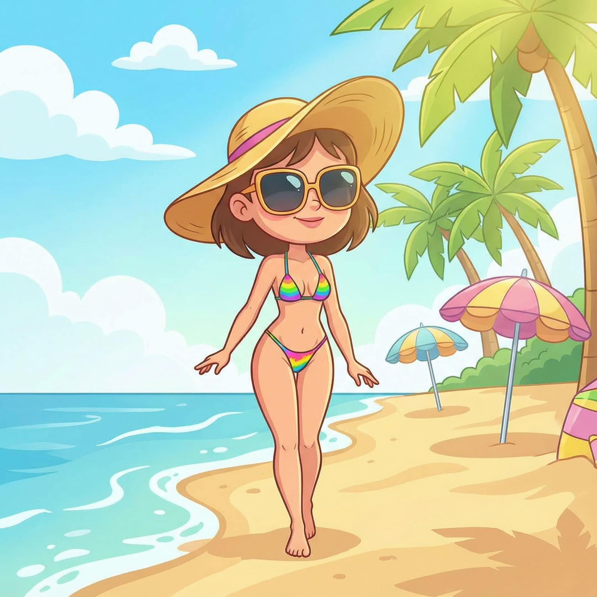 AI generated: make the girl in g string bikni cartoon type on beach