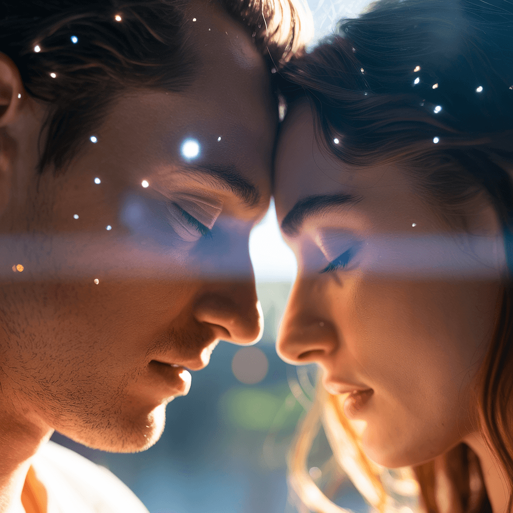 AI generated: a cinematic close-up of two faces, a man and a woman, almost touching but separated by soft transpar...