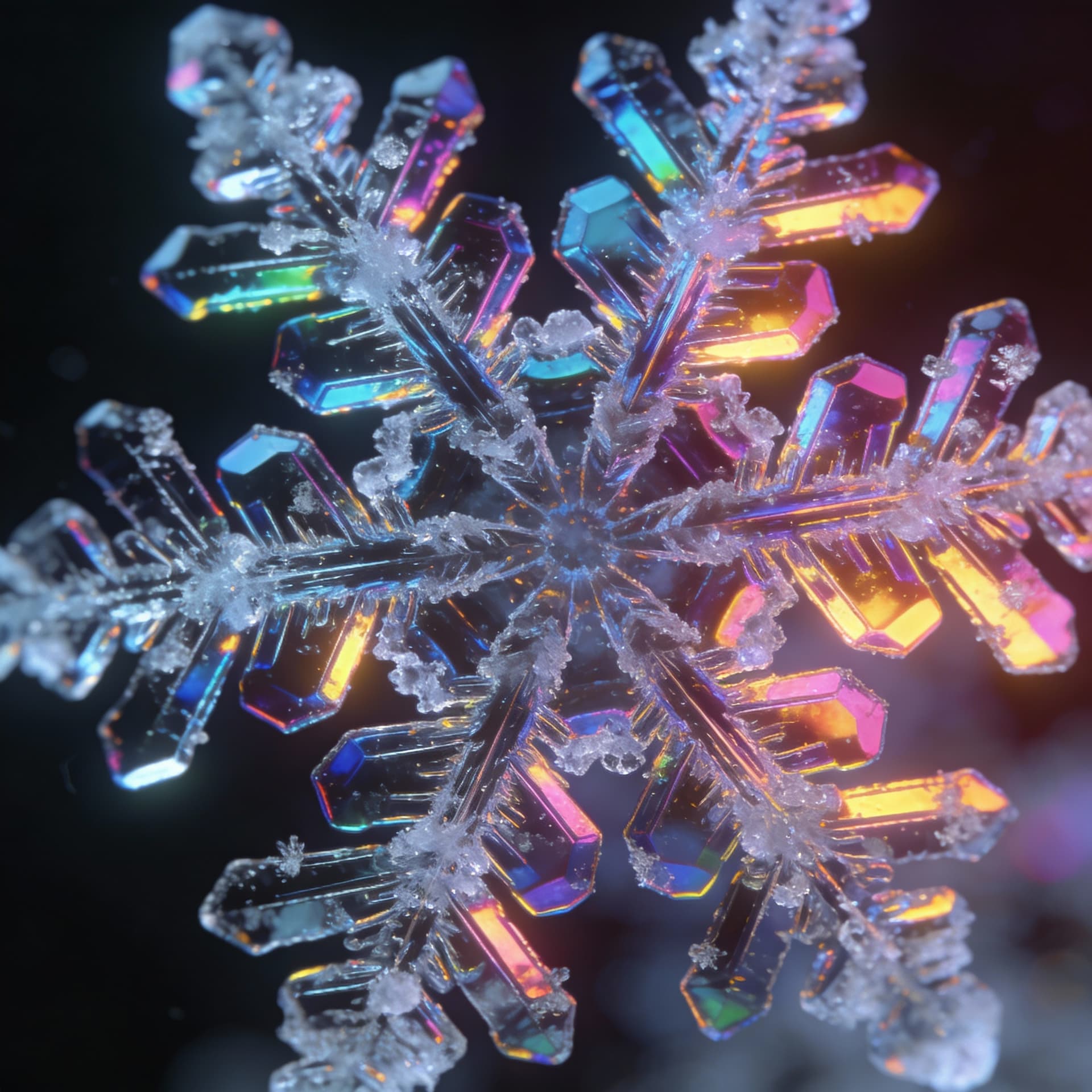 AI generated: snowflake under a microscope, artistic macro view, abstract crystalline geometry, symmetrical patter...