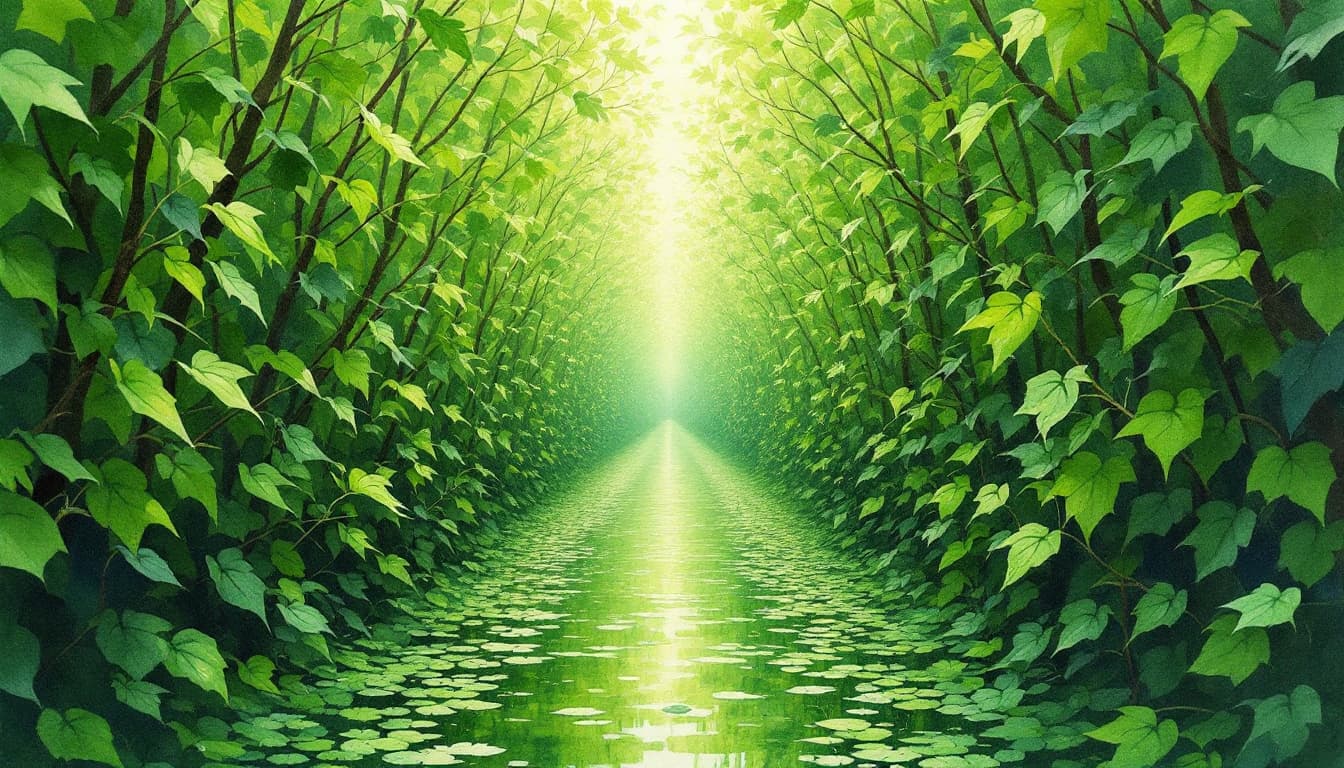 AI generated: water color painting, a straight infinite tunnel of dense greeneries, no details, crude brush stroke...