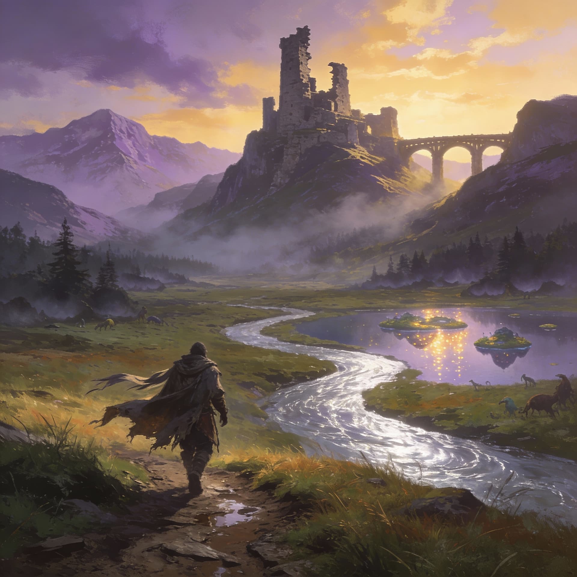 AI generated: In the distance, mountain ranges emerge faintly through the morning mist, rivers wind like silver ri...
