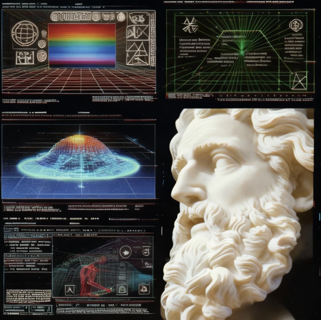 AI generated: flow and truth. schematics concepts. visualization of ideas. blueprints. ancient greek philosophy.

