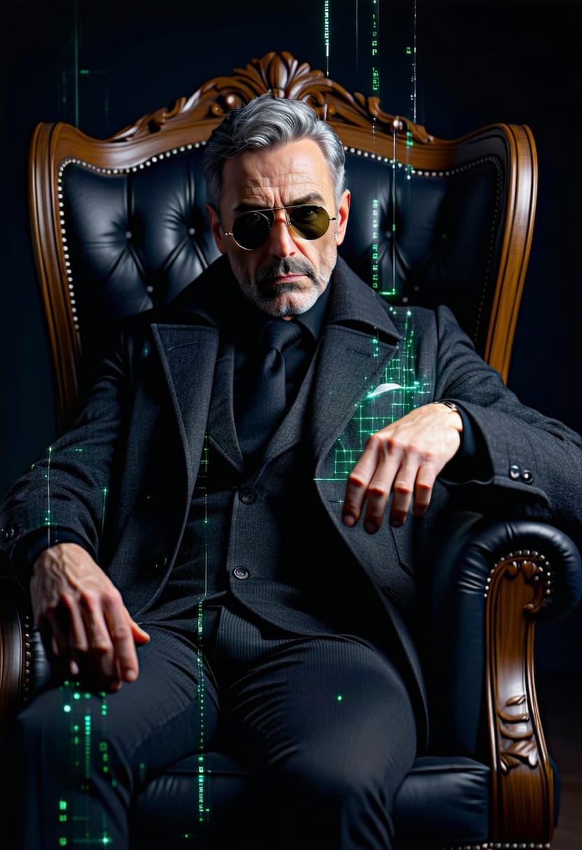 AI generated: Cinematic, hyper-realistic portrait of an adult man seated in a grand, ornate dark armchair. Use the...