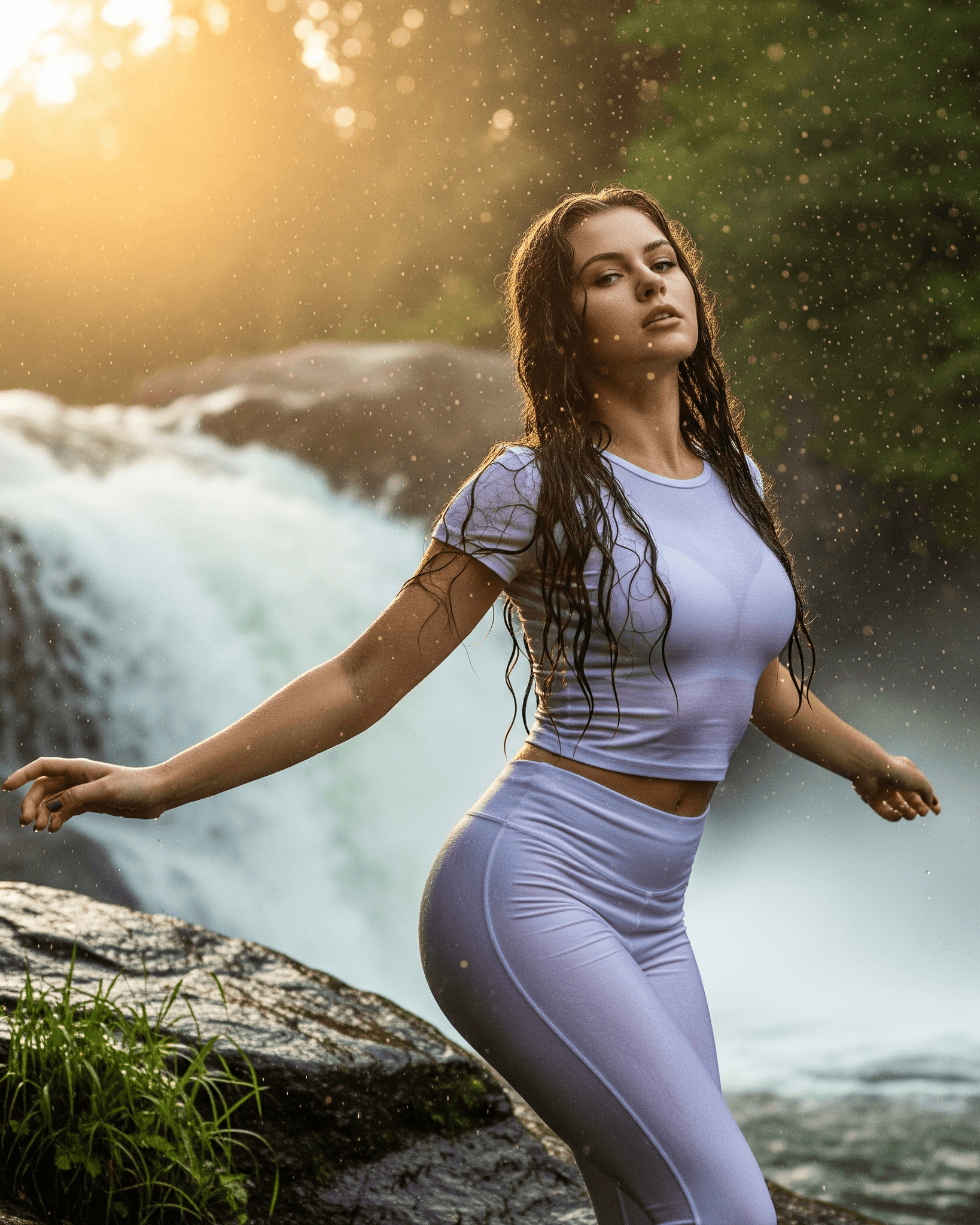 AI generated:  girl posing , she is 18 years old, has wavy dark-brown hair long, she is posing and is wearing whit...