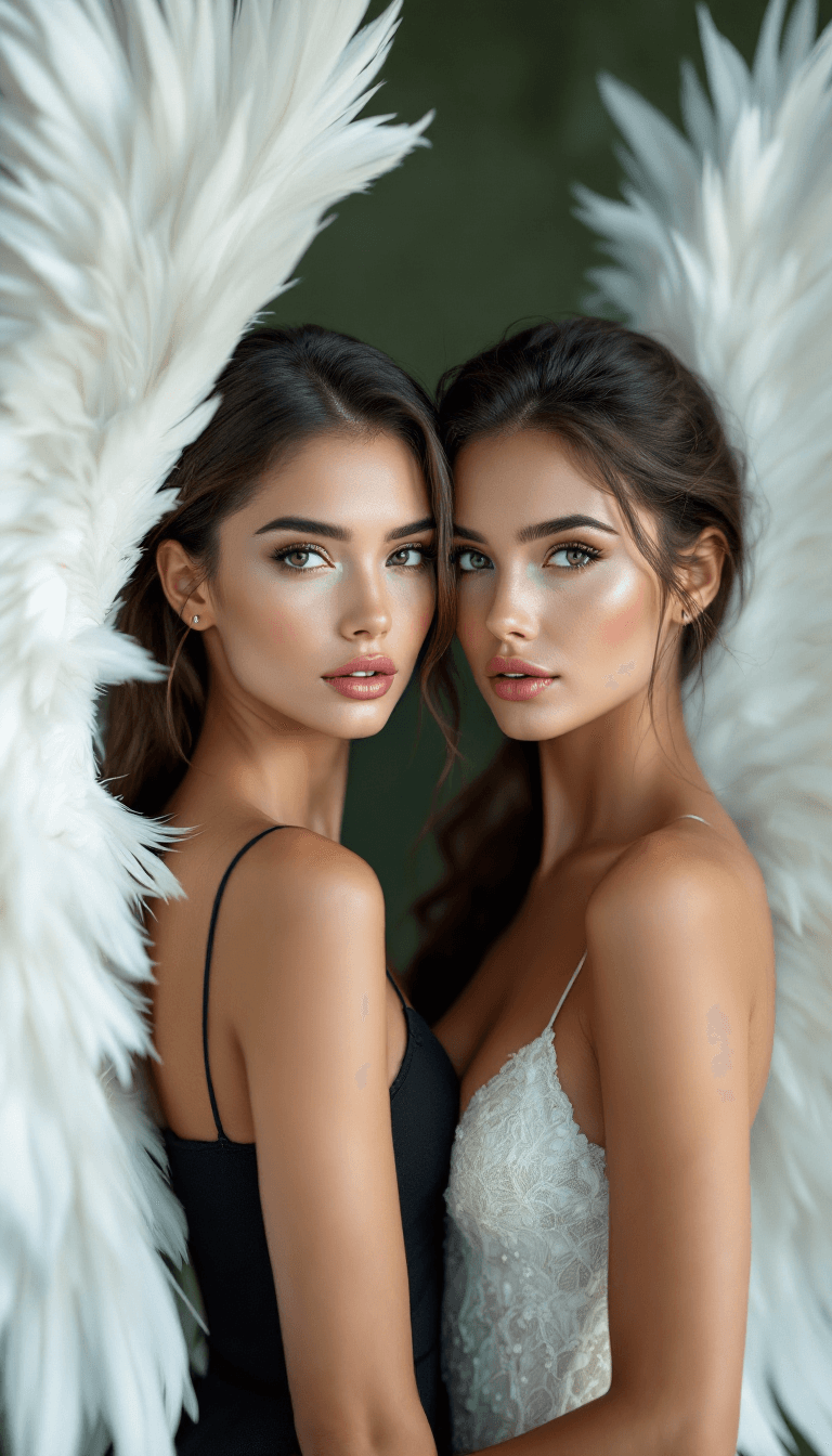 AI generated: Two absolutely Gorgeous Beautiful Woman with outstretched pure white feathery wings, (fashion), feat...