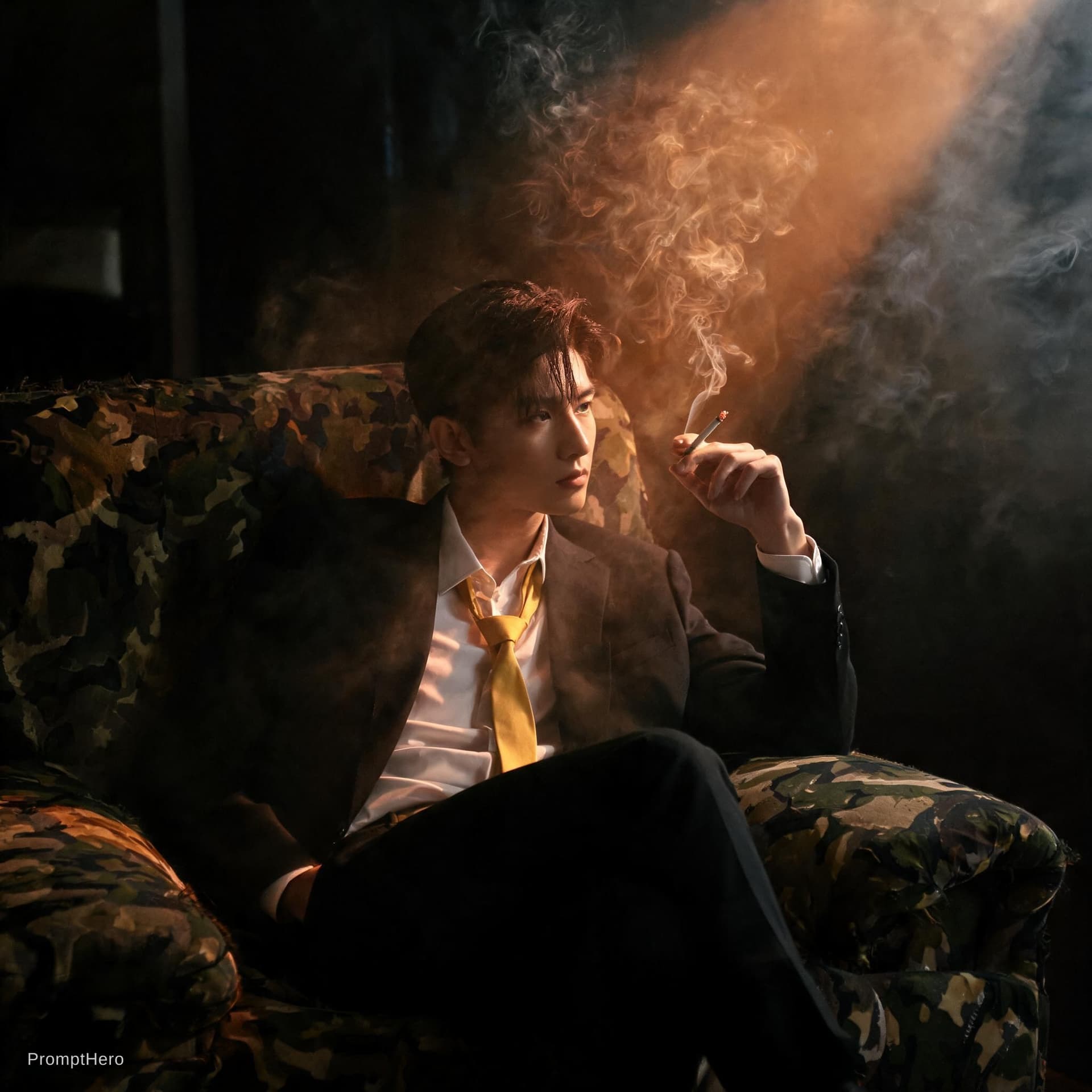 AI generated: photography, cover shoot, dimly lit room with a hazy atmosphere, capturing a professional male model...