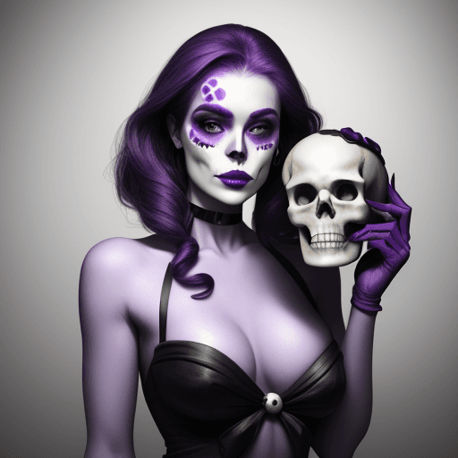 AI generated: A woman with purple lipstick on her lips and holding a skull in one hand