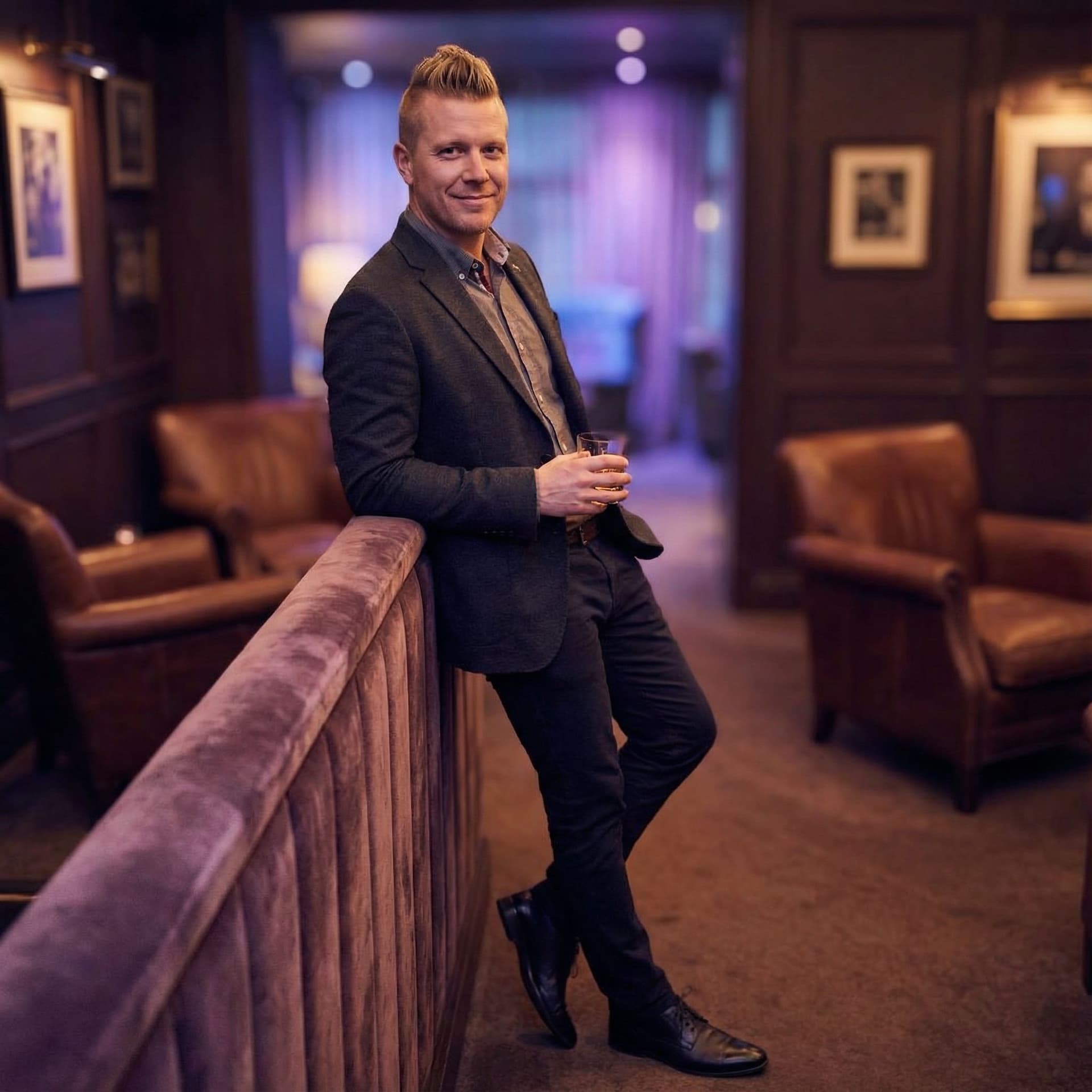 AI generated: A 5'10, 200 lb blonde haired my with a faux hawk standing in dimly lit club, wearing a sport jacket ...