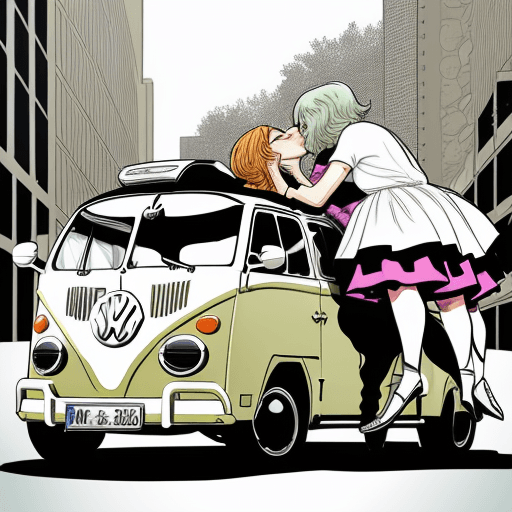 AI generated: two kissing volkswagen bullis, comic style
