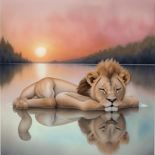 AI generated: A photorealistic pencil drawing and watercolor painting of a two-month-old lion cub lying down on a ...