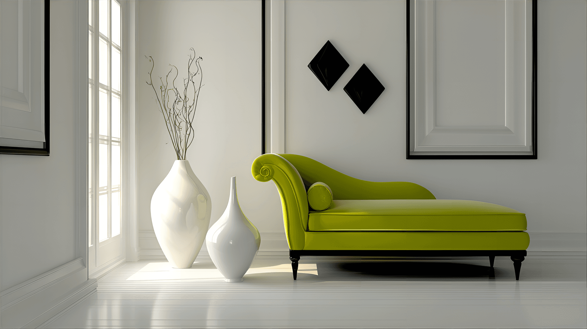 AI generated: Modern minimalist interior, bright and empty room with a lime green chaise lounge, three white vases...