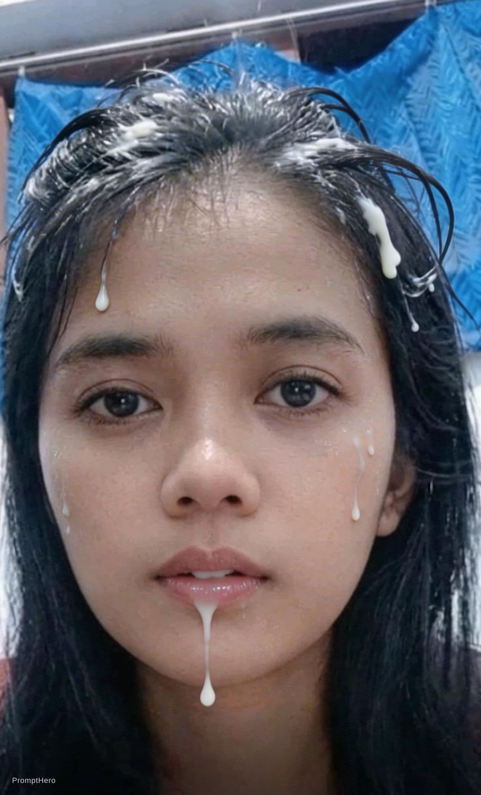 AI generated: Potret seorang wanita  dengan percikan susu di wajah dan rambut nya, cat minyak putih menetes dari b...