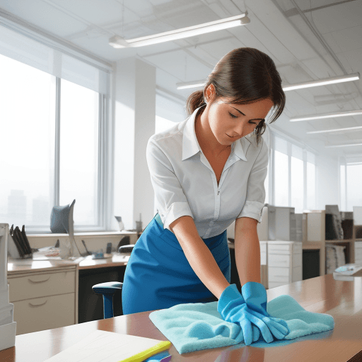AI generated: Create images of woman, cleaning an office desk with a big microfibre cloth, 