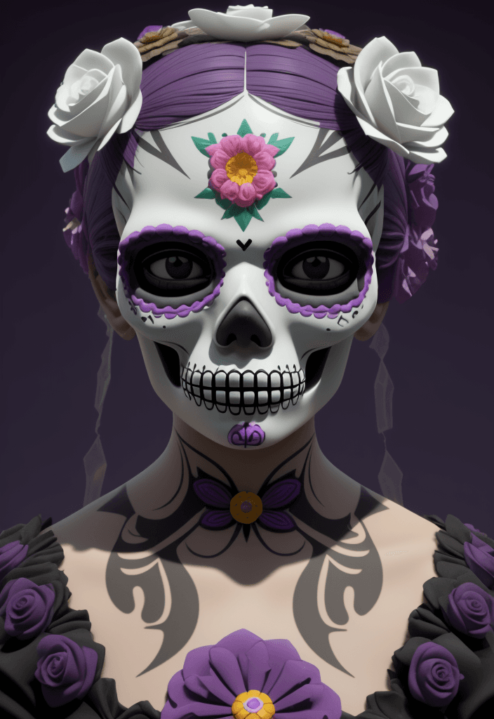AI generated: 3d model of a girl with a sugar skull head, in the style of inventive character designs, close-up in...