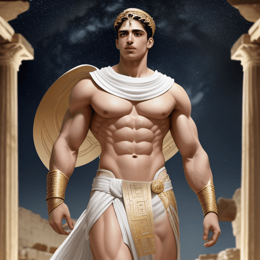 AI generated: 
greek god in white and gold costume muscular with ripped abs full length in ancient greece with ste...