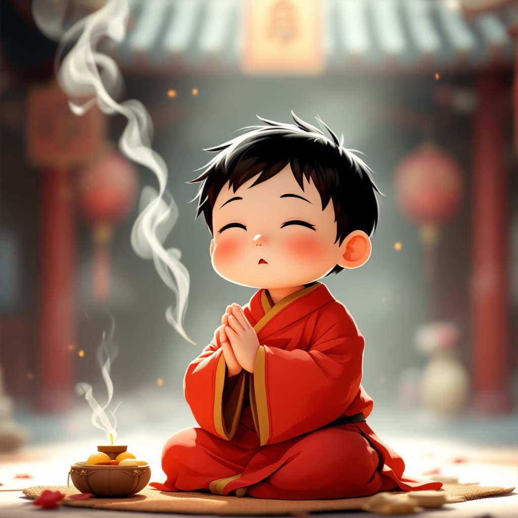 AI generated: A Japanese rendering animation depicts a little Chinese Taoist priest, holding a stick of incense wi...