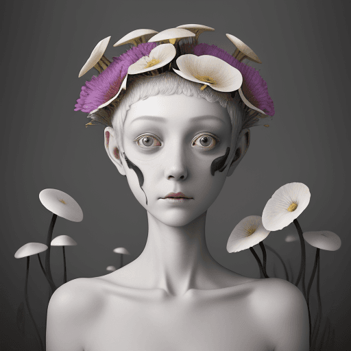 AI generated: Surrealism theme, master photography, high-end gray background, close-up of the upper body of a whit...