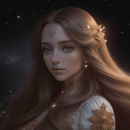 AI generated: portrait of a beautiful woman. luxurious long hair. there are a lot of small stars around and agains...