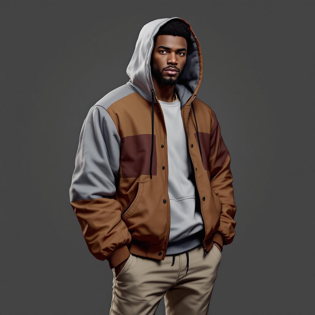 AI generated: create a black man 2d with a nice random main color hooded 
jacket, a nice pants.create a gray male...