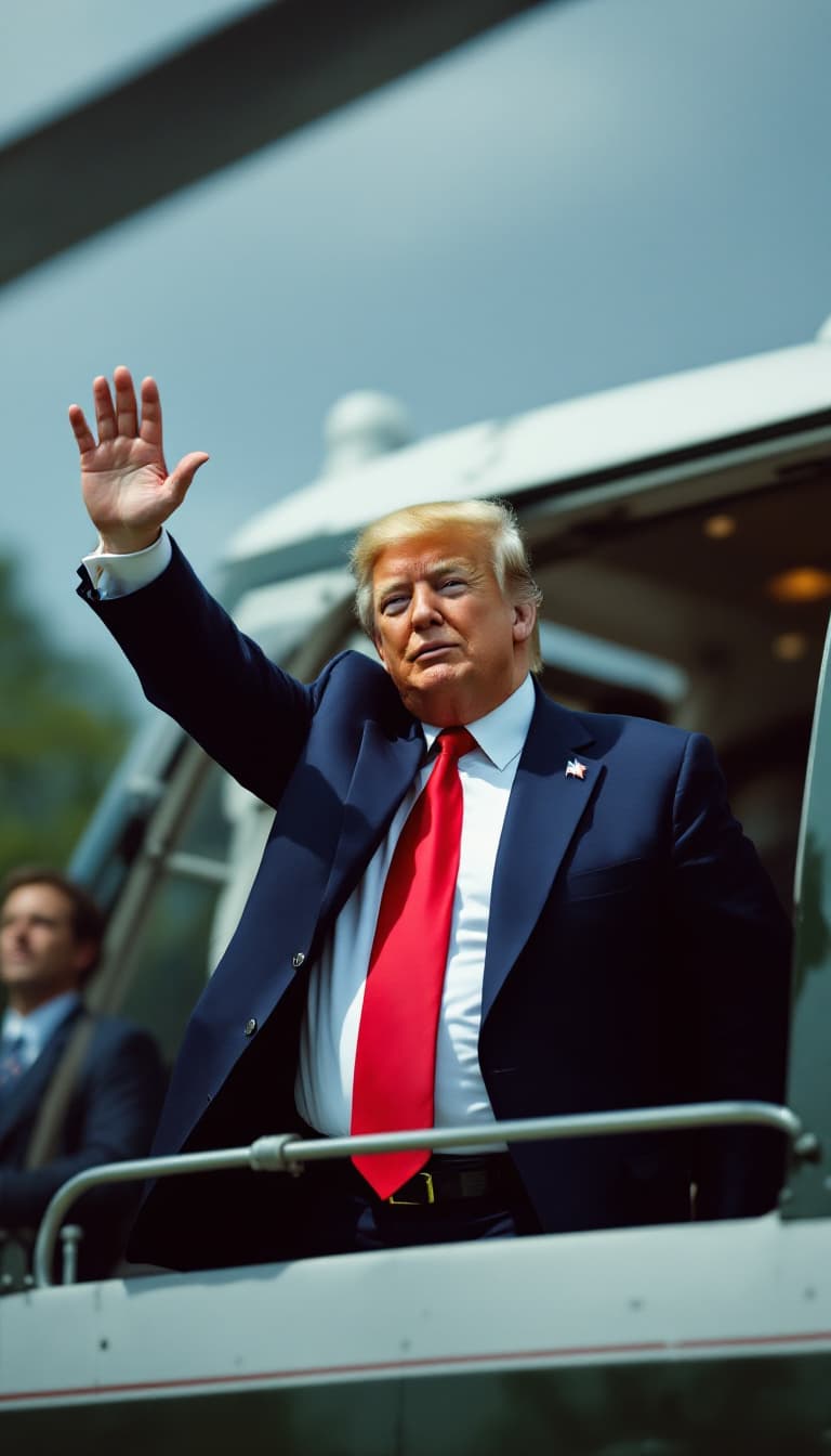 AI generated: realistic, ultra-detailed trump in his dark blue suit and red tie waving goodbye with both hands and...
