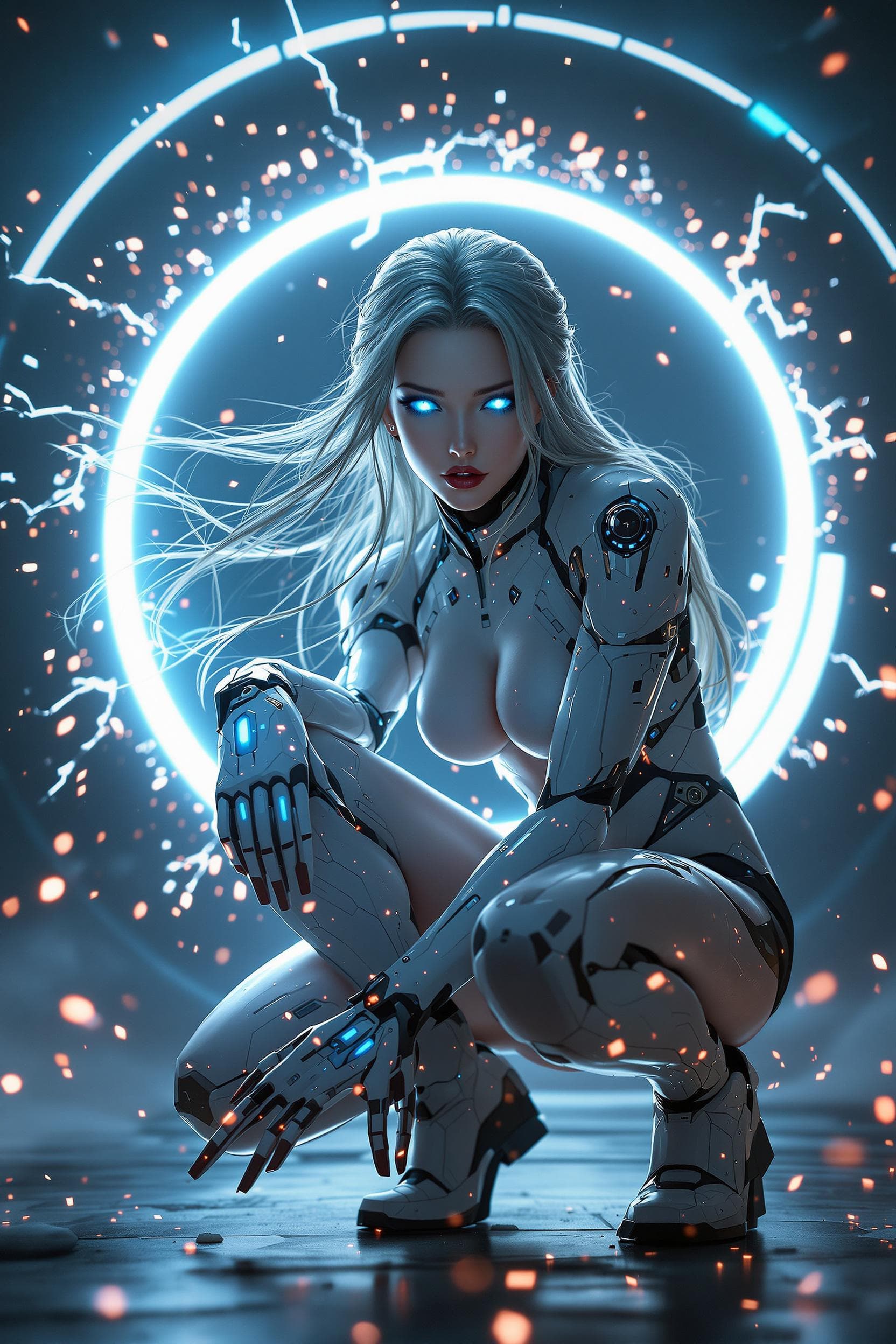 AI generated: In a breathtaking 8K wallpaper, a stunning female android combatant from the future crouches on one ...