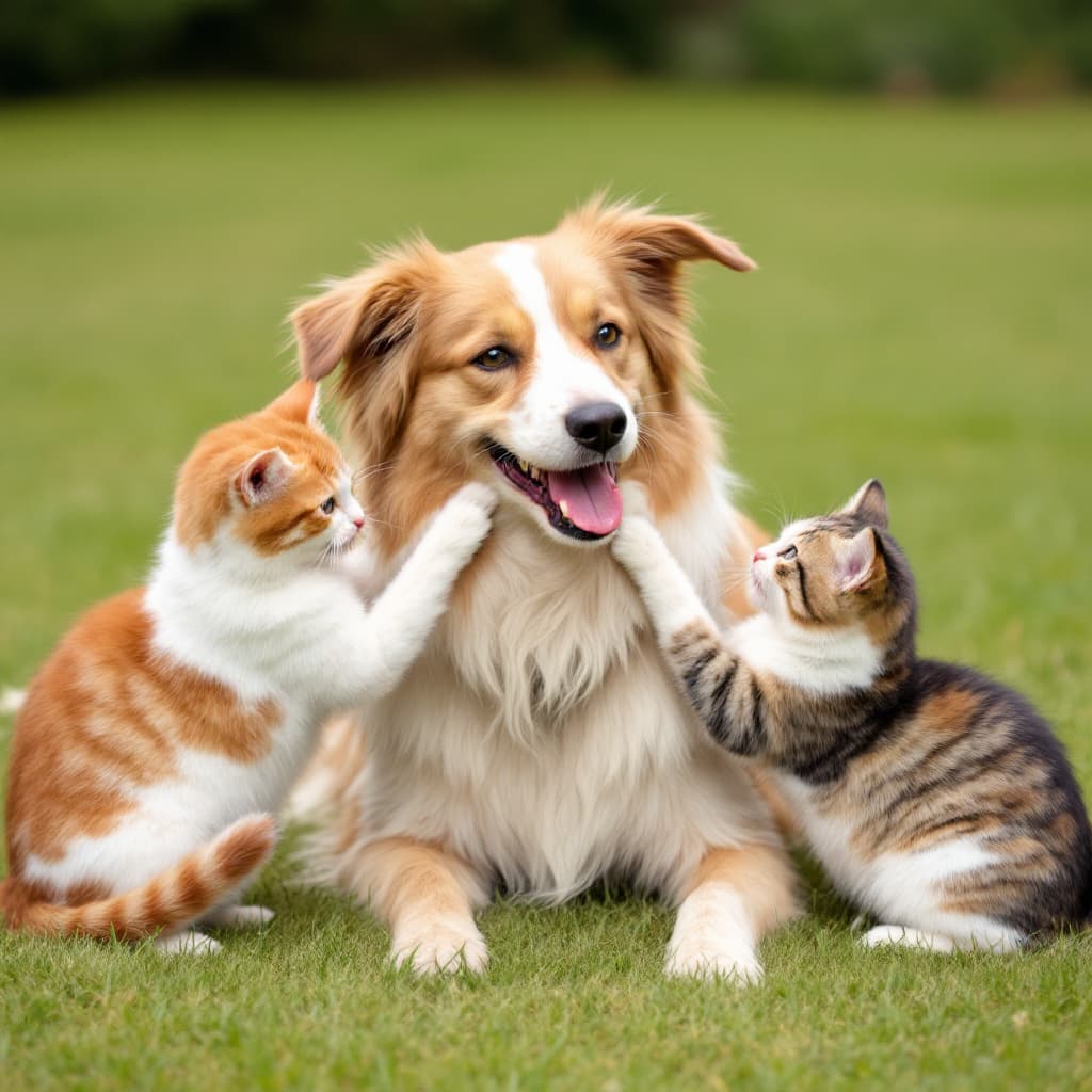 AI generated: Two cats and a dog are playing on the grass, with one cat on the left side of the dog
